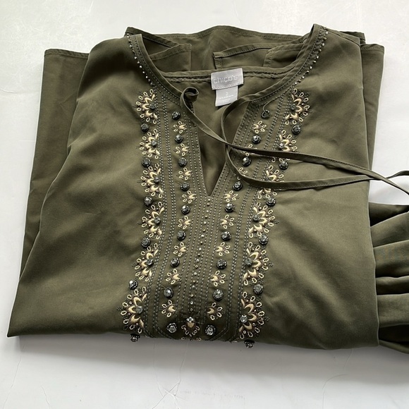 CHICO'S Embellished Peasant Blouse Fern Green Chico’s sz 2 US Women’s 12/14 - Picture 13 of 15